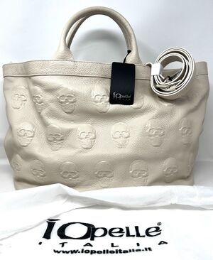 IO PELLE Italia Skull Embossed Leather Tote Bag LATTE Beige XL Weekender Xbody